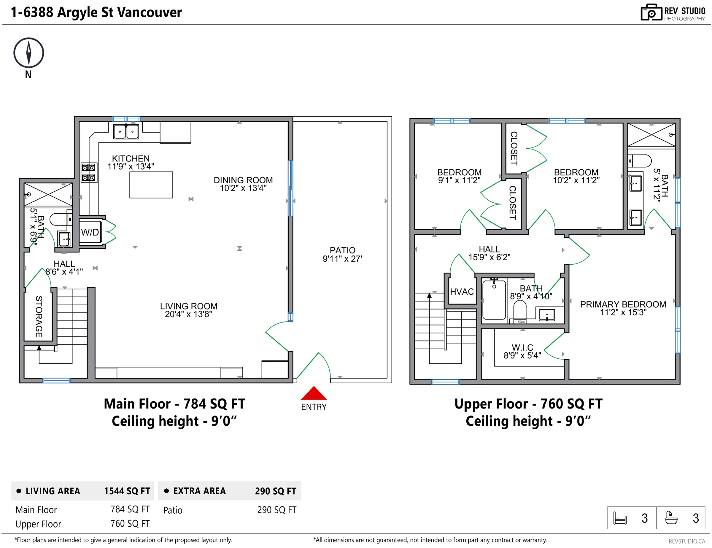 Measured floor plan of 1-6388 Argyle Street: main floor living, dining and kitchen with the patio alongside; three bedrooms and three baths over two levels